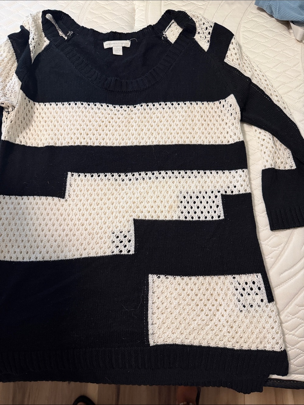 New York & Company Black and White Open-Knit Geometric Sweater